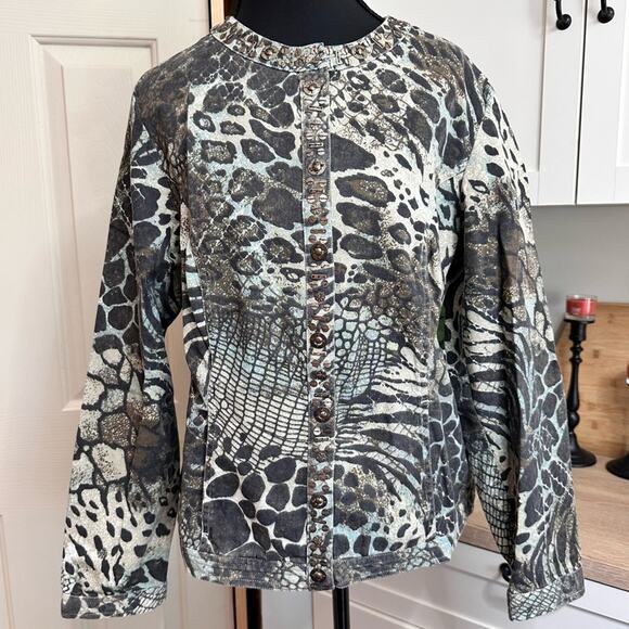 Chico's Womens Size 1 US 8 M Button Up Animal Print Jacket Top Bold Career Work - Picture 1 of 13